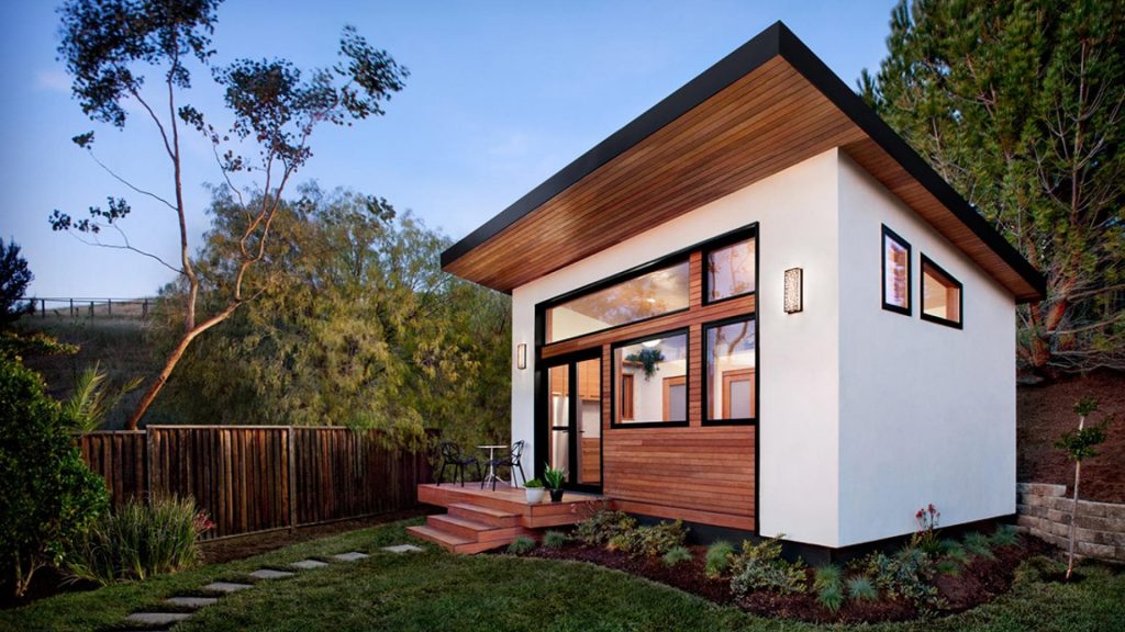 Beautiful and luxurious accessory dwelling unit (ADU) in the backyard. ADUs are also called granny flat, in-law unit, or other supplementary residence.
