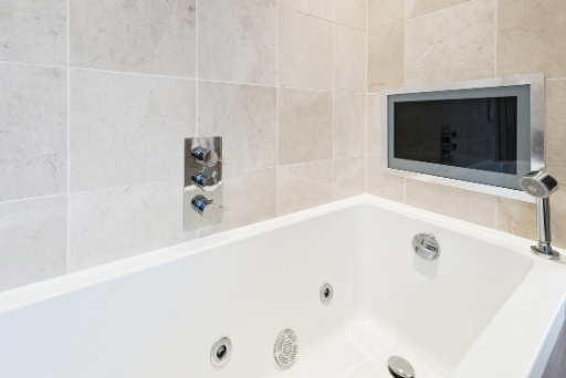 Bathroom tv. Bath tub with tv. , Bathroom technology.