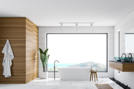 Bathroom view. White and wooden panoramic bathroom.